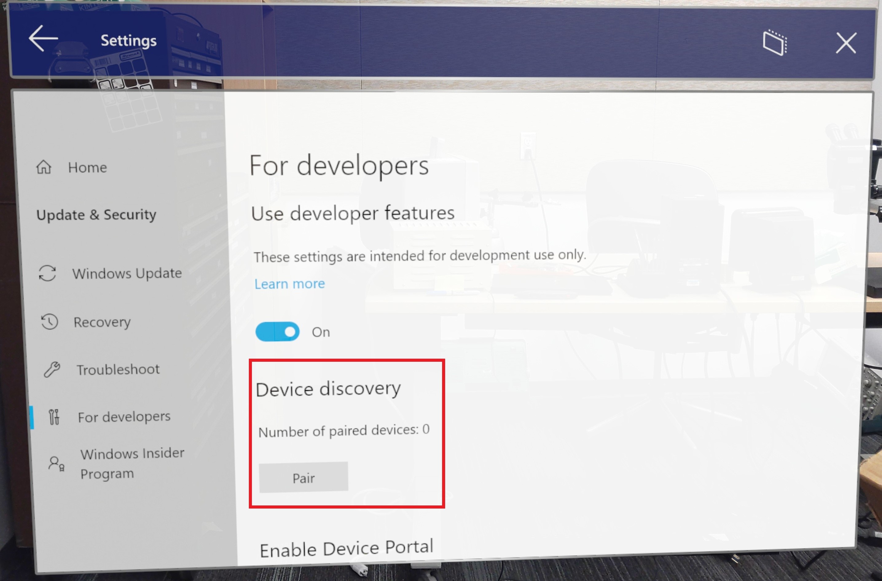 Screenshot of for developers window open in settings with device discovery highlighted