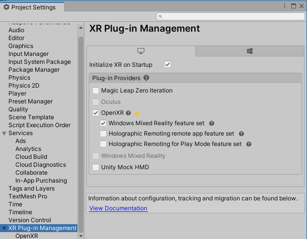 Screenshot of the project settings panel open in the Unity editor with XR Plug-in management highlighted