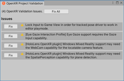 Screenshot of the OpenXR project validation window
