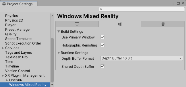 Screenshot of Project settings window open in unity editor with Windows Mixed Reality section highlighted