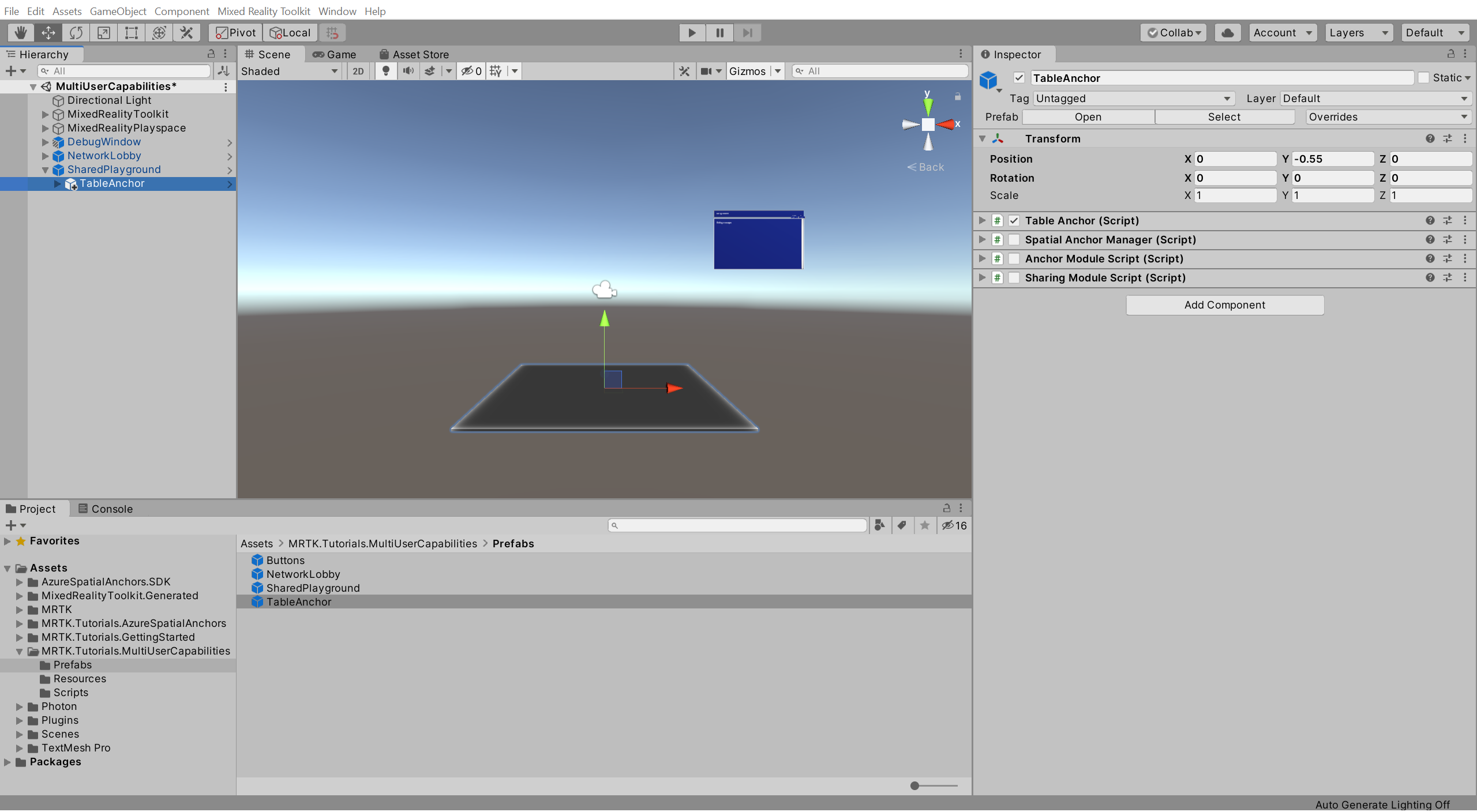 Unity with newly added TableAnchor prefab selected