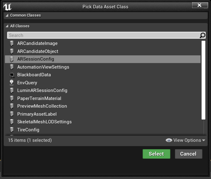 Pick data asset class window open with AR session config asset highlighted