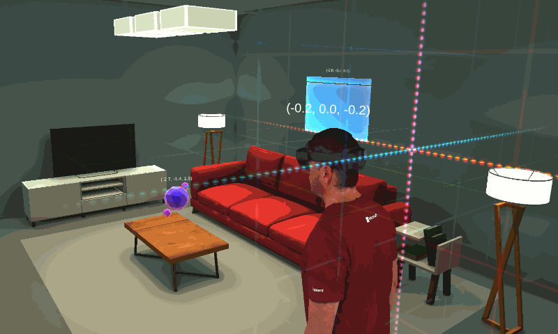 Animated GIF of a user looking around the dollhouse with the coordinate systems highlighted