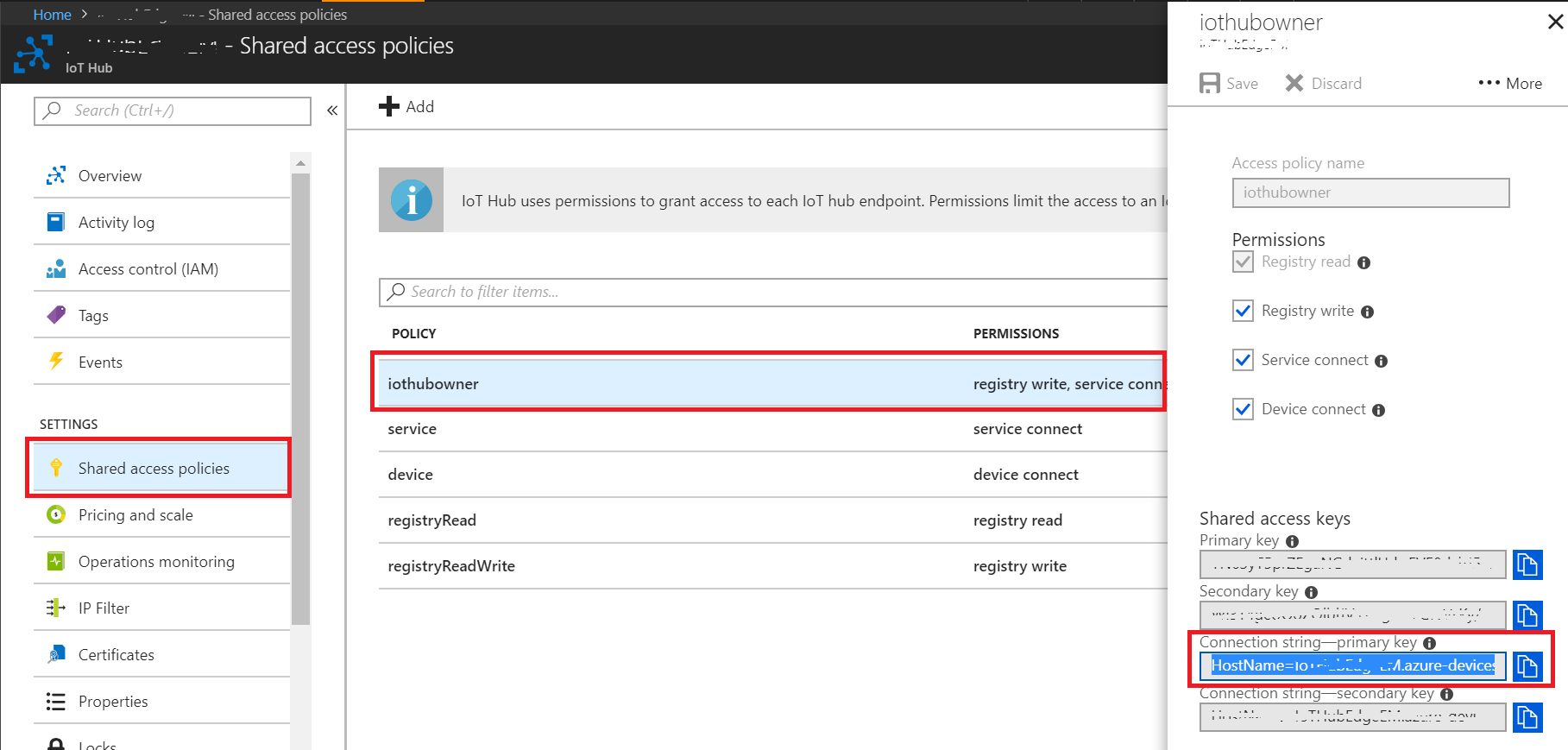 Screenshot that shows the Shared access policies page, located under Settings. I O T hub owner is selected under Policy. In the pop up window, the connection string primary key field is circled in red.