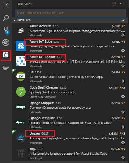 Screenshot that shows the extensions window. Azure I O T Edge, Azure I O T Toolkit, and Docker are circled in red.