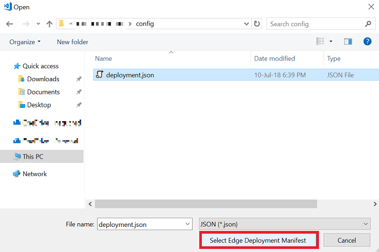 Screenshot that shows the File Explorer window. The deployment dot jason file is selected and Select Edge Deployment Manifest is circled in red.
