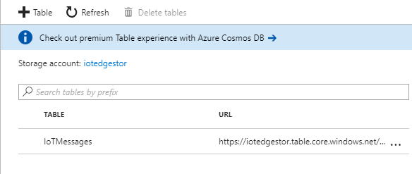 Screenshot that shows the Table Service page with a table listed.