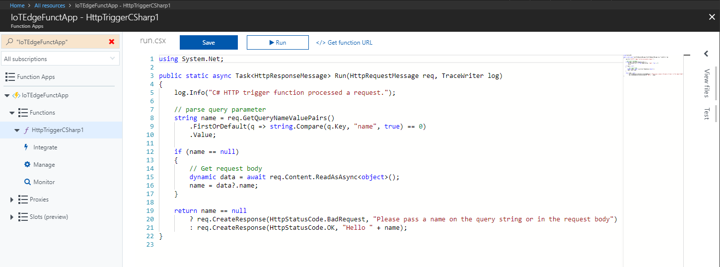 Screenshot that shows the function editor page. The function is selected in the menu on the left.