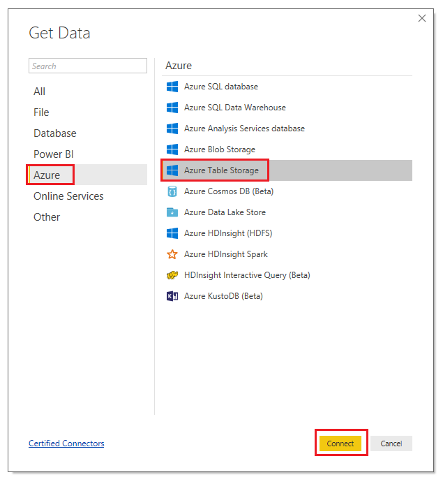 Screenshot that shows the Get Data window. Azure Table Storage is selected in the Azure menu option. The Connect button in the bottom right corner is circled in red.