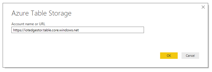 Screenshot that shows the Azure Table Storage dialog. A U R L is entered in the Account name or U R L field.