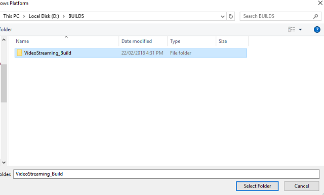 Screenshot of the Video Streaming Build folder highlighted.