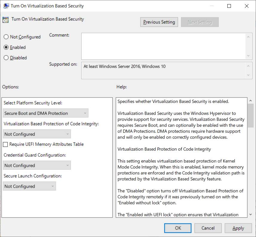 Windows Defender Credential Guard Group Policy setting.