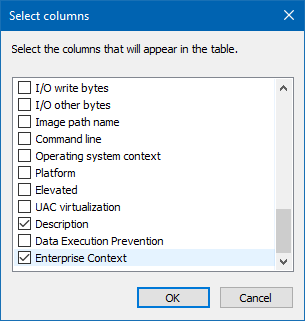Task Manager, Select column box with Enterprise Context option selected.