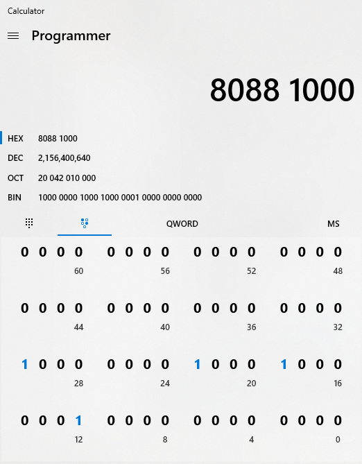 An example of the calculator app in programmer mode, with a hex code converted into binary.