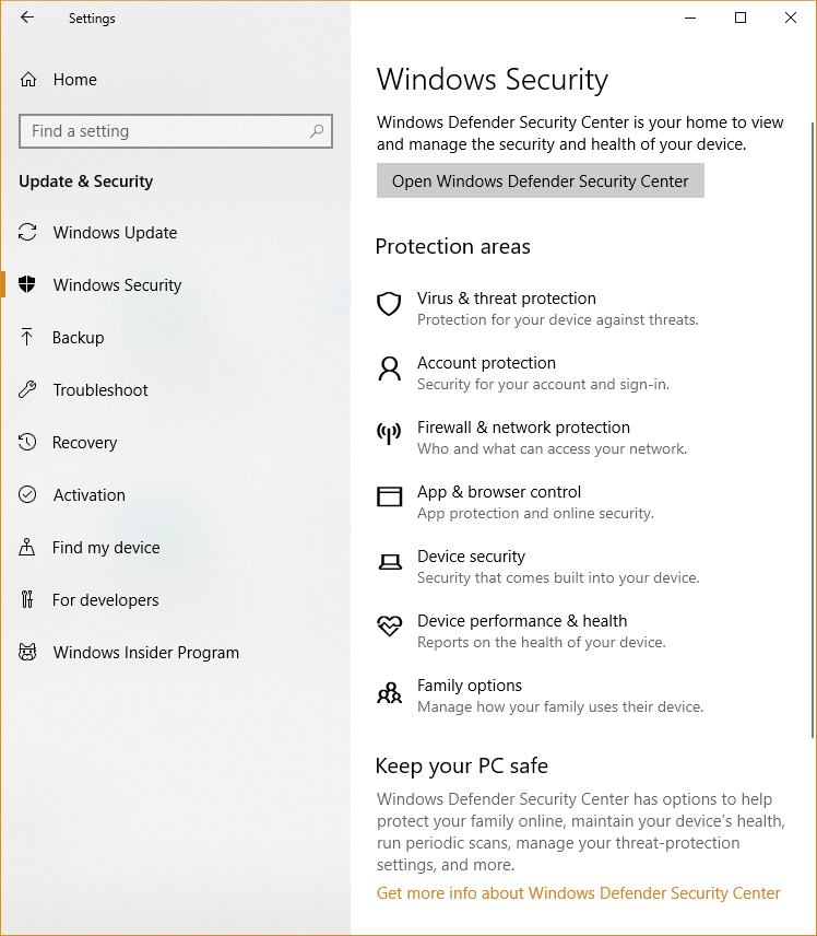 Screenshot of Windows Settings showing the different areas available in the Windows Security.