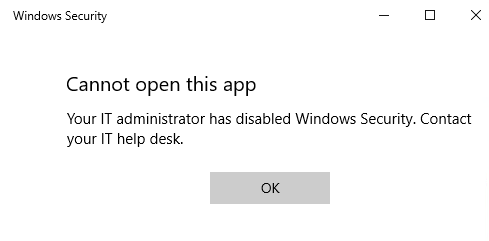 Windows Security app with all sections hidden by Group Policy.