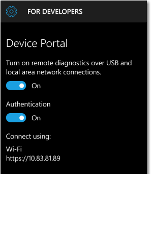 Screenshot of the Device Portal settings page from a Windows Phone.
