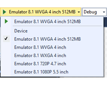 Available emulators with resolution, size, and memory