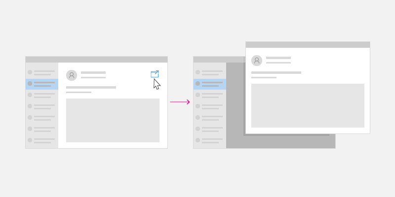 Wireframe showing an app with multiple windows