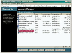 screen shot of the account manager in money 99.