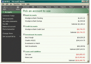 screen shot of the account selection screen in money 2000.
