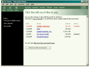 screen shot of the bill pay screen in money 2000.