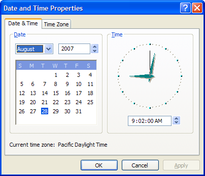 screen shot of a property sheet with two tabs, one of which shows a clock and a monthly calendar control