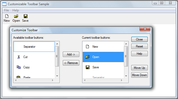 screen shot of a window with a three-item toolbar, and a dialog box with lists of the available and current toolbar buttons