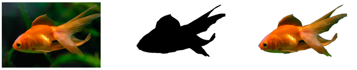 illustration of a goldfish bitmap, a fish-shaped mask that is created from the bitmap, and the resulting fish-shaped bitmap after the mask
