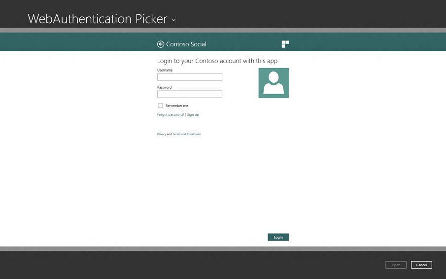 an example shows the web authentication broker ui in file picker view