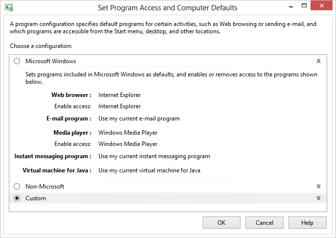 screen shot of the set program access and defaults microsoft options