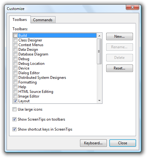 screen shot of customize dialog box and options 