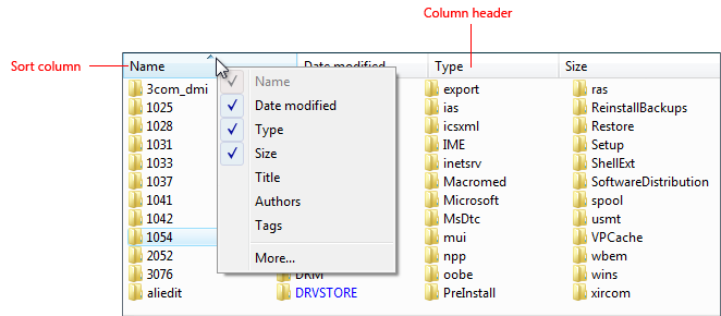 screen shot of list view with column headers 