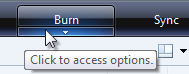 screen shot of burn button with infotip 