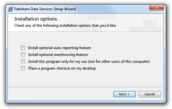 screen shot of setup dialog box with four options 