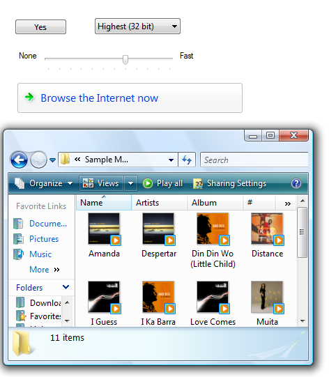 Screenshot that shows an example of common controls, including audio controls, a 'Browse the Internet now' button, and a File Explorer window.