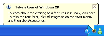 screen shot of 'tour windows xp' notification 