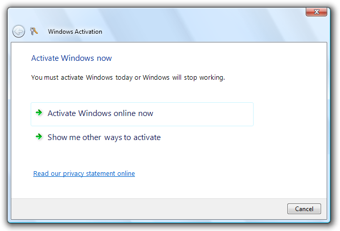 screen shot of windows activation options 