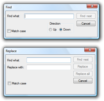 screen shot of find and replace dialog boxes 