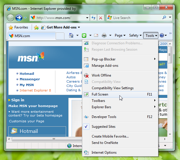 screen shot of window with full screen menu item 