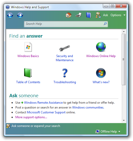 screen shot of windows help and support page 