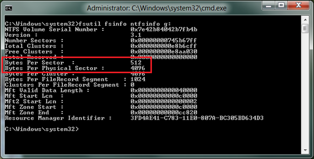 bytes per sector and per physical sector of a 4k sector disk with 512-byte emulation