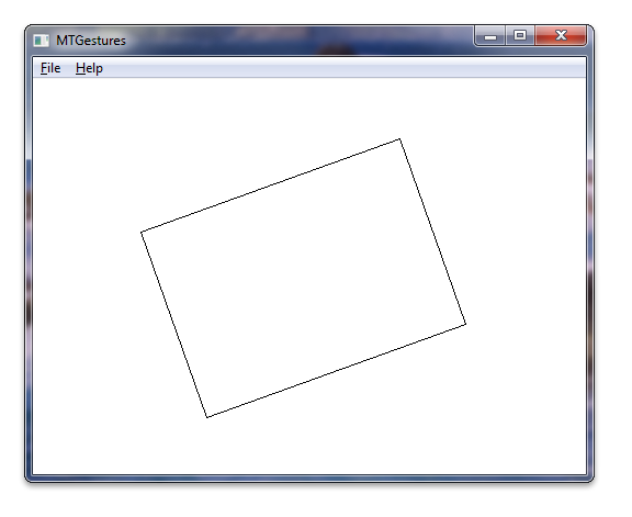 screen shot showing the windows touch gesture sample when it is running, with a rotated, black-outlined white rectangle on the screen