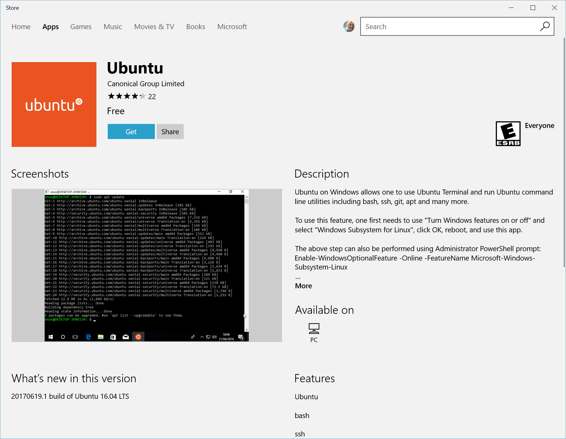 View of Linux distros in the Microsoft store