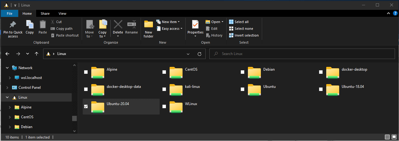 Windows File Explorer displaying Linux storage