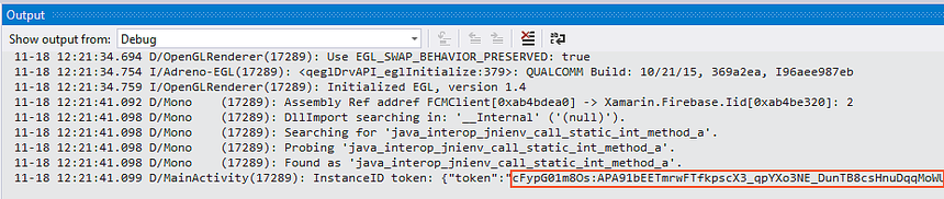 Instance ID token displayed in Output window