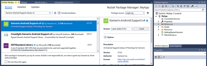 Screenshot of Android Support Library v4 package being added to the project