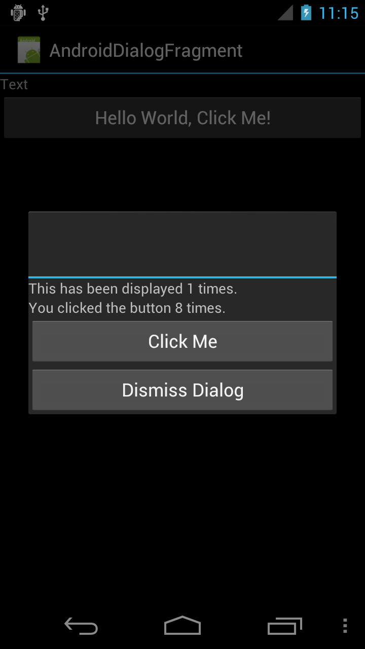Example DialogFragment with a TextView and two buttons