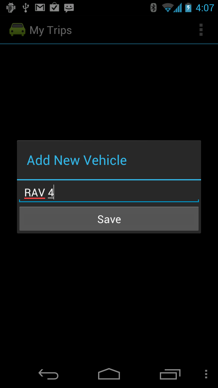 Screenshot of DialogFragment displaying Add New Vehicle EditBox