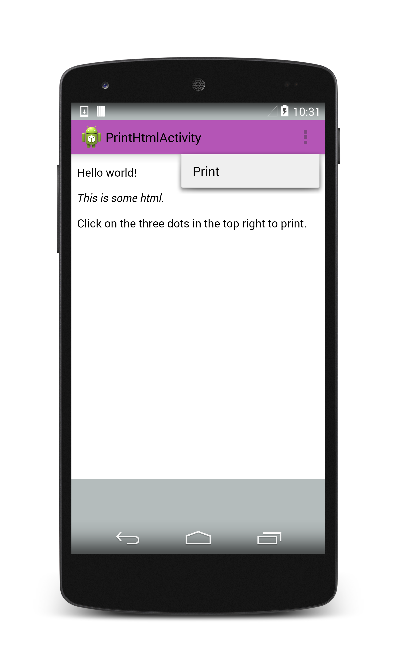 Screenshot of PrintHtmlActivity displaying the Print menu